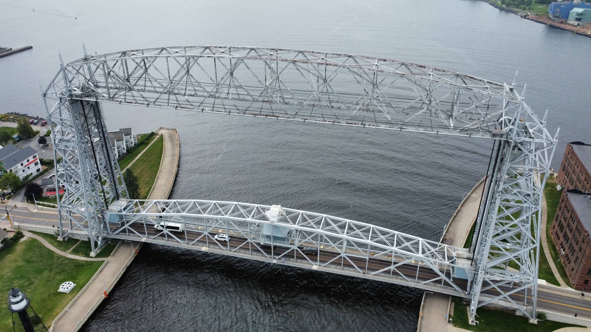 Aerial view of the Duluth Aerial Lift Bridge and the Lake Superior harbor